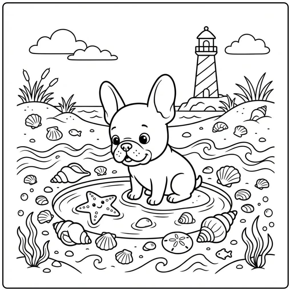 Cute Frenchie puppy seaside Dog coloring page with starfish.