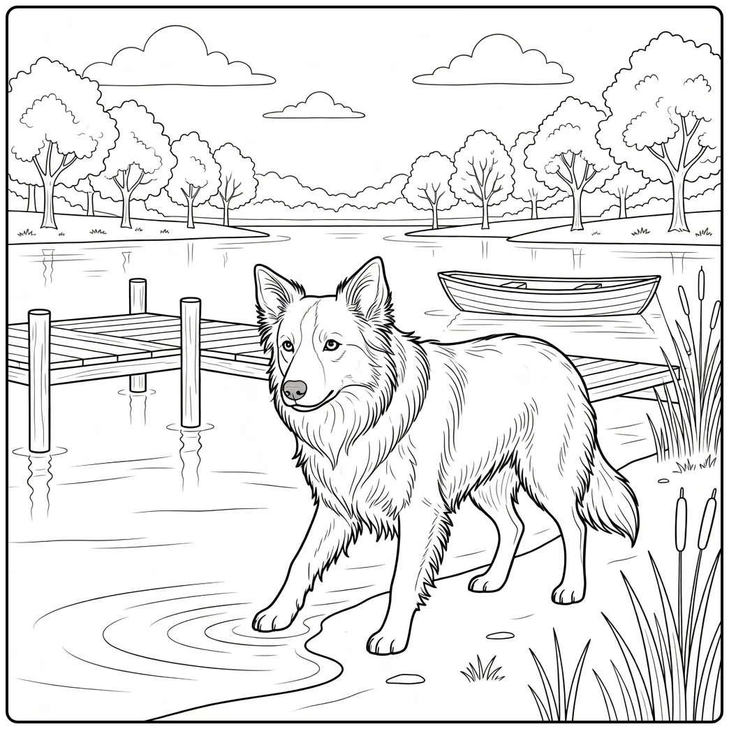 Peaceful lakeside realistic border collie coloring page with paw in water.