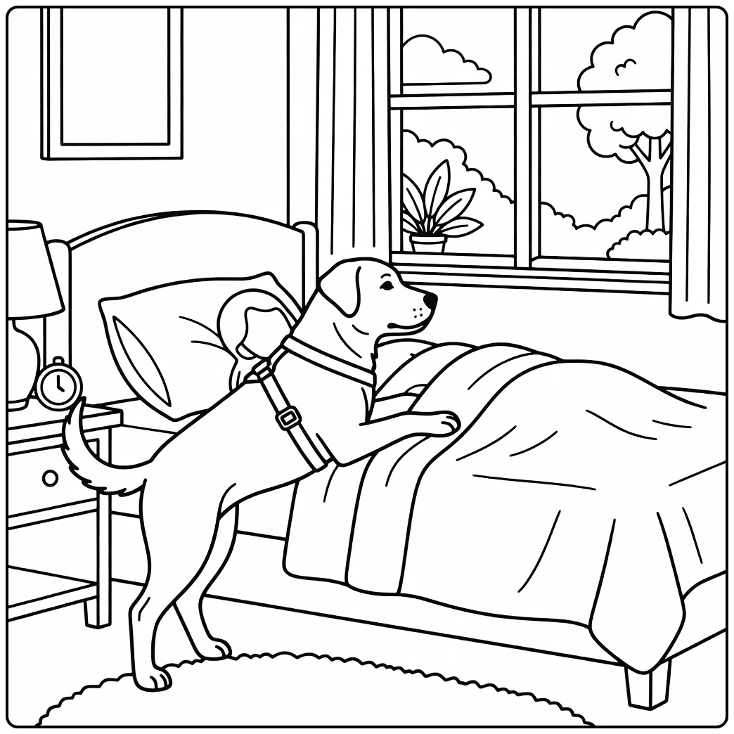 Service dog coloring page showing dog waking handler in bedroom