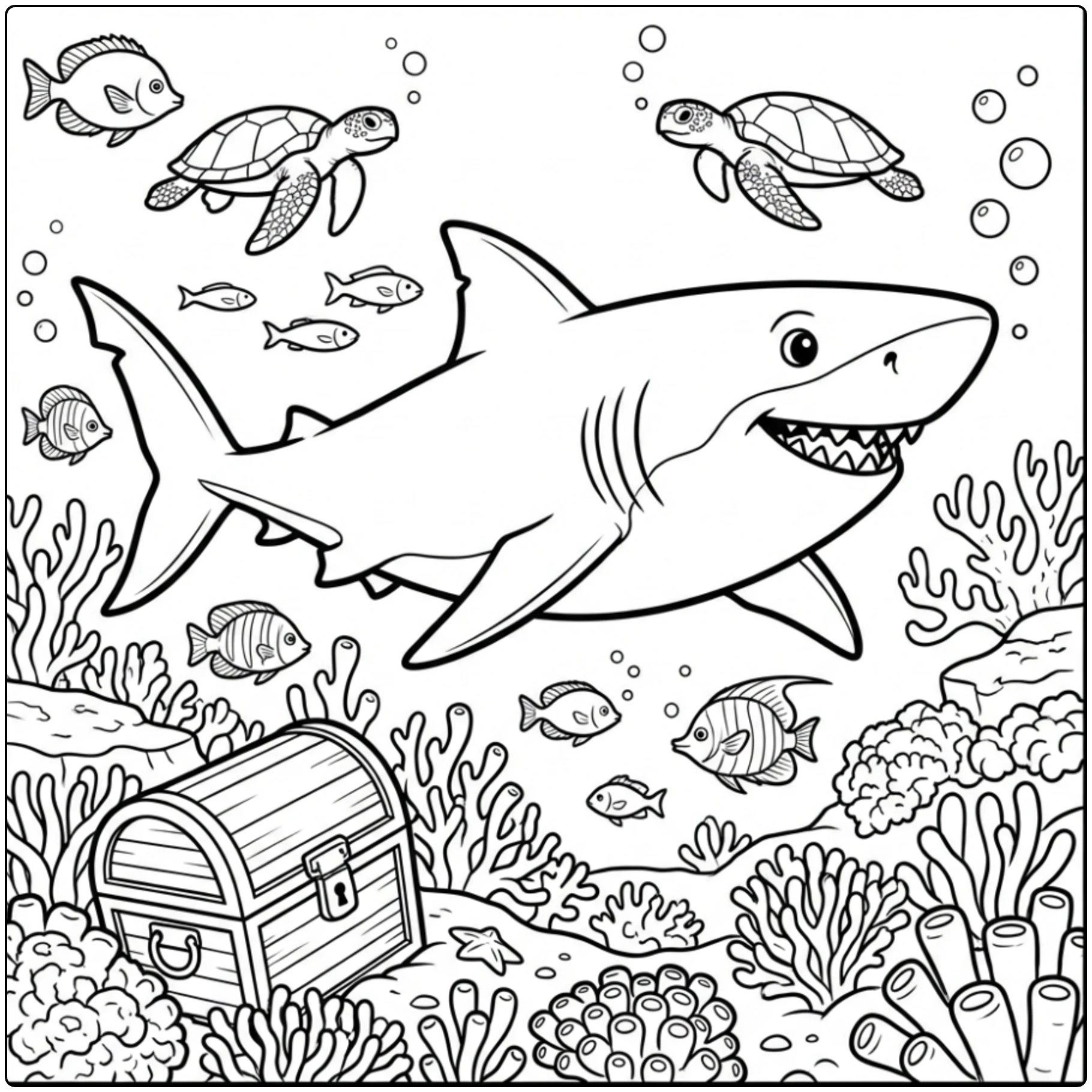 Animal coloring page featuring a shark, coral, and fish.