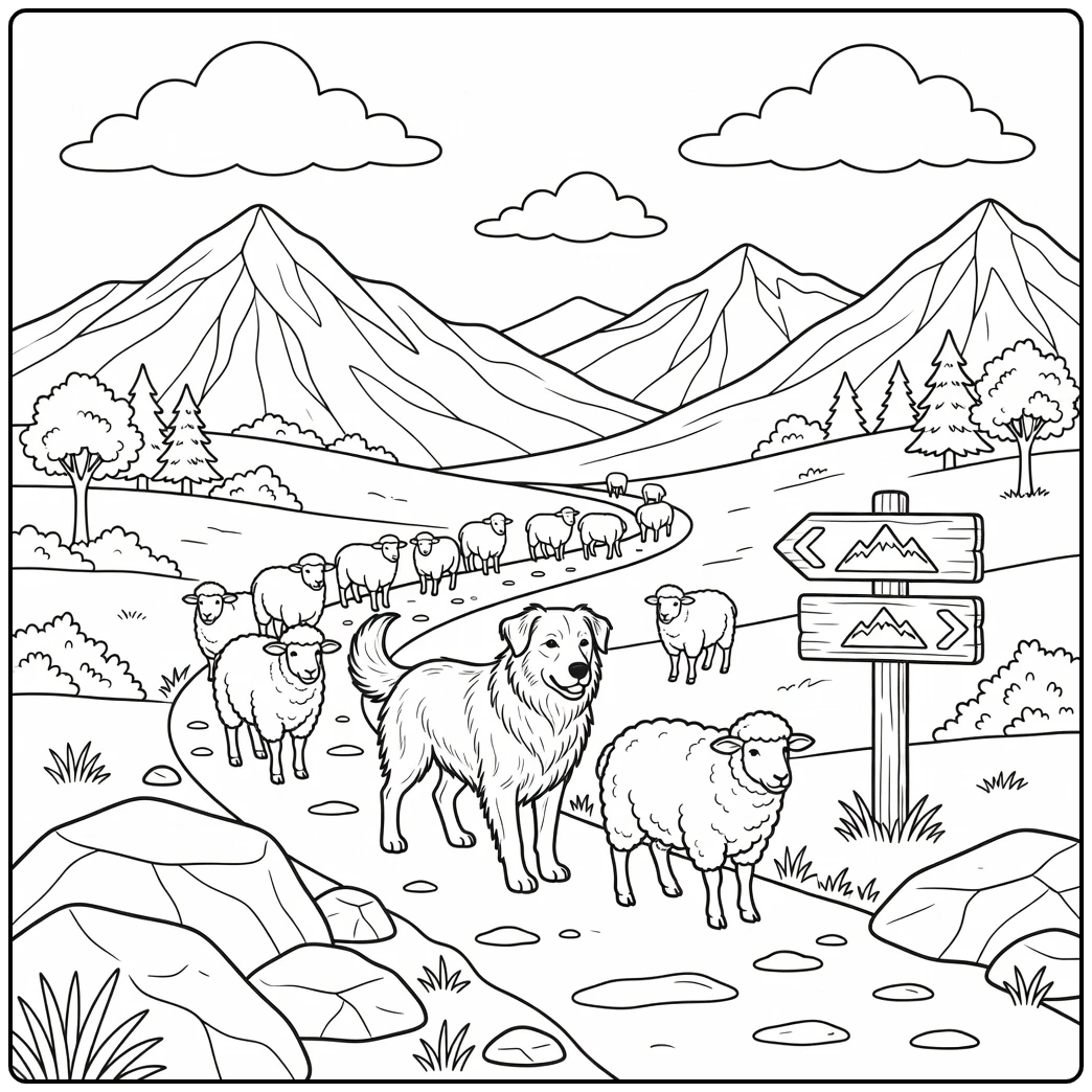 Active sheepdog coloring page guiding flock on mountain pass trail.