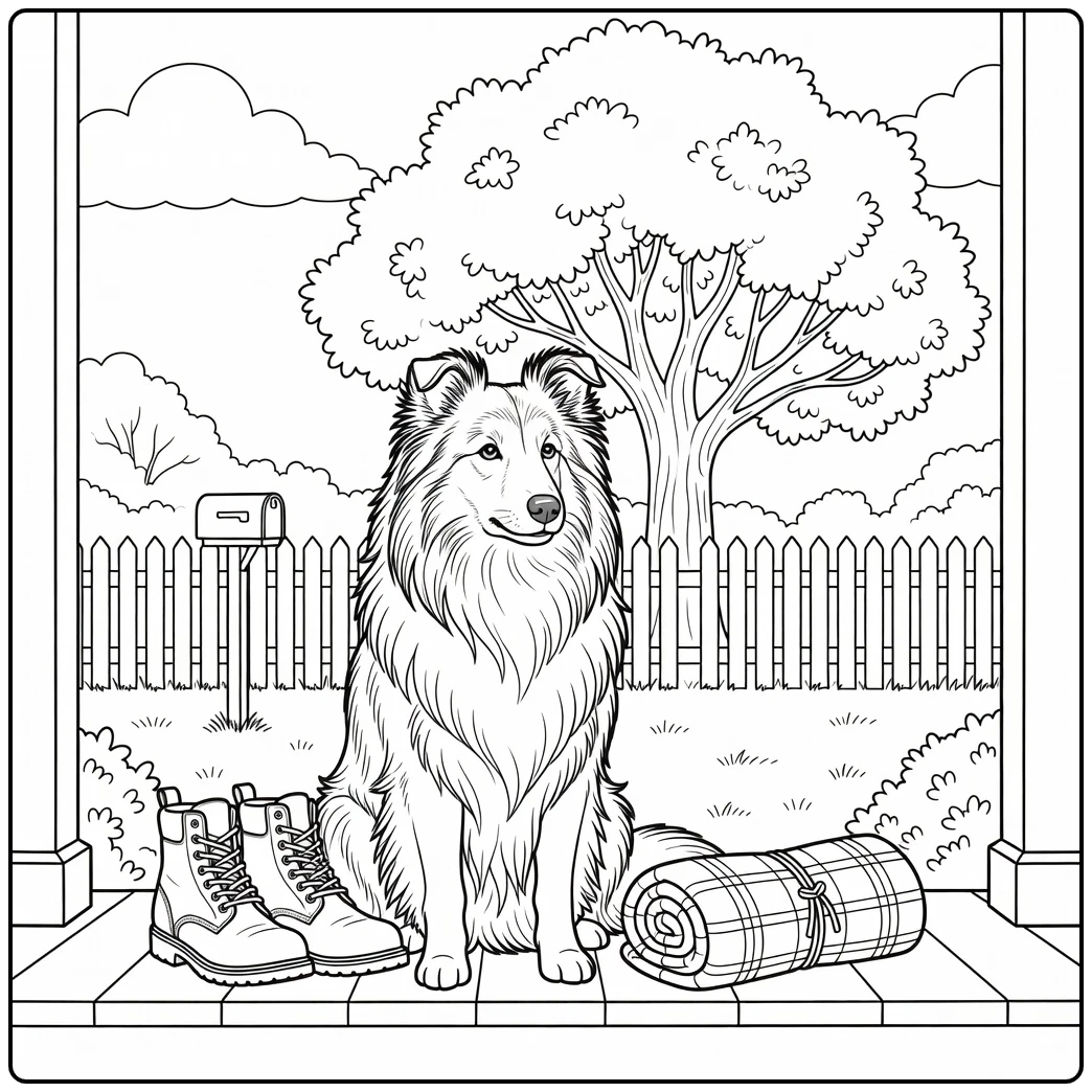 Cozy porch shetland sheepdog coloring page, dog sits by boots.