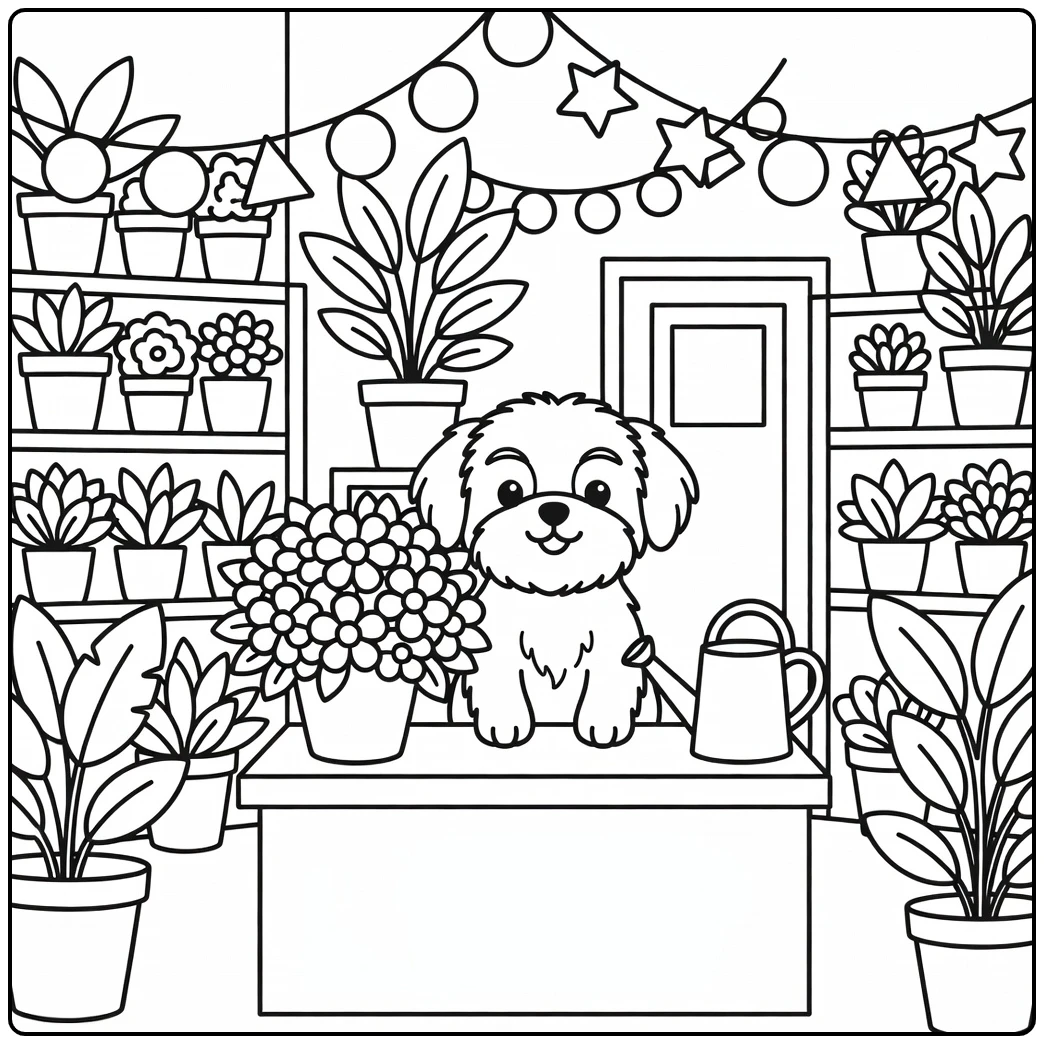 A cute dog coloring page of a Shih Tzu florist in a shop.