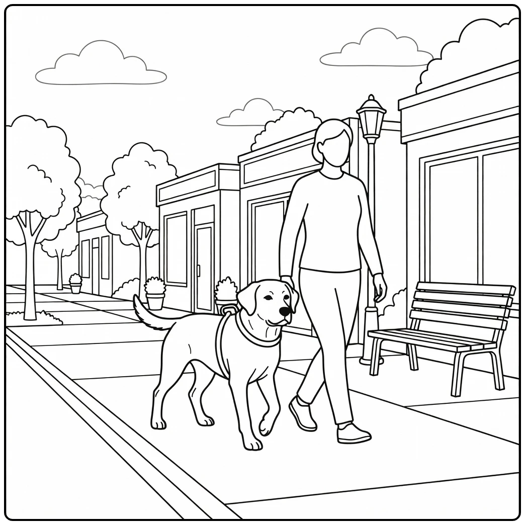 Loyal guide dog coloring page leading handler past quiet shops.