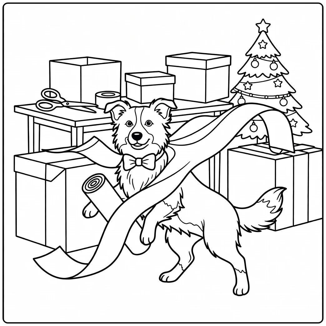 Funny Border Collie christmas dog coloring page, wrapped in paper.