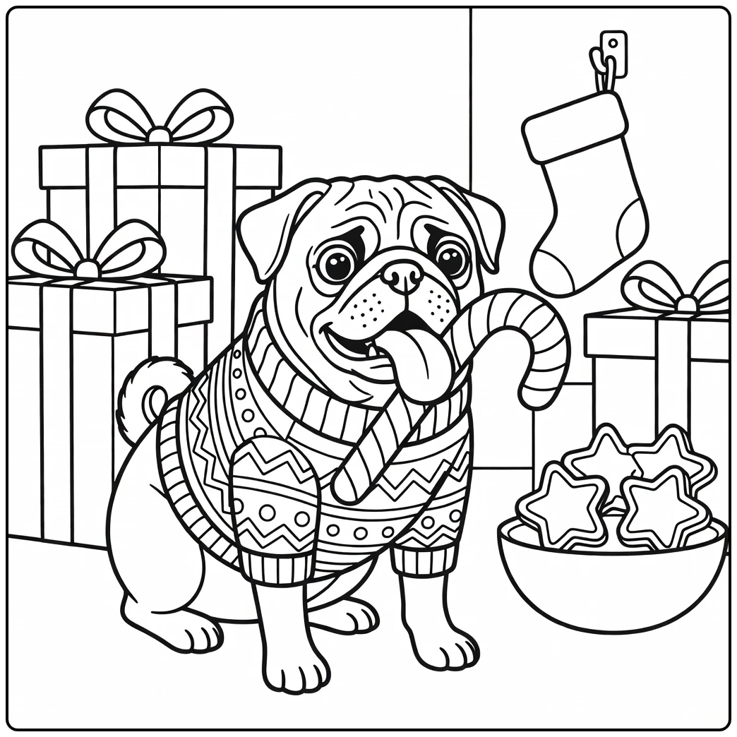 Funny Pug in Christmas sweater, candy cane mishap - christmas dog coloring page