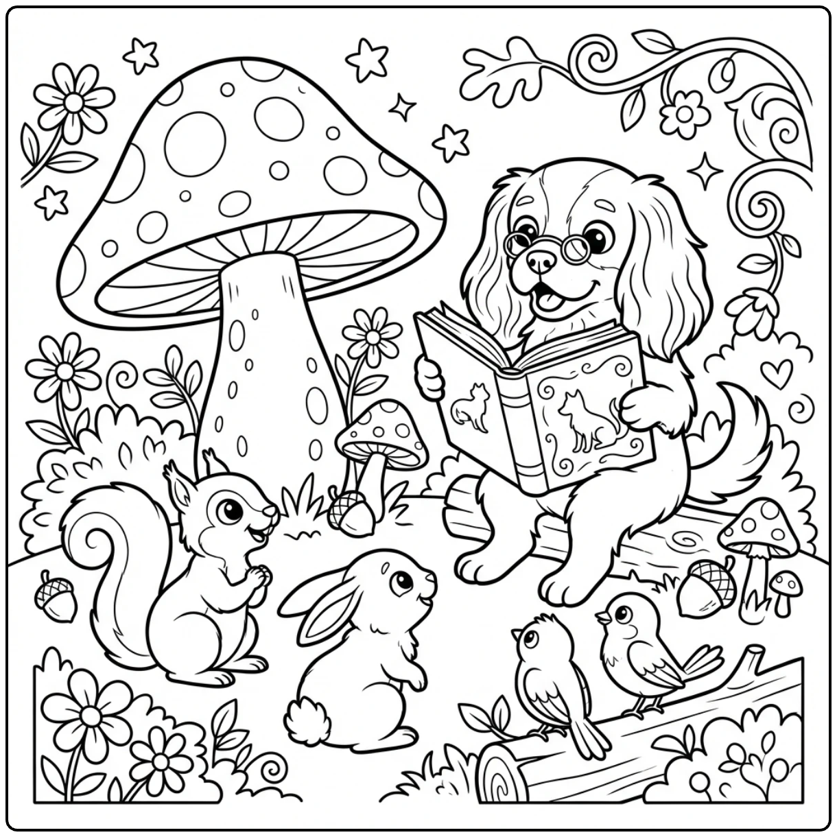 Simple Cavalier King Charles Spaniel coloring page with book
