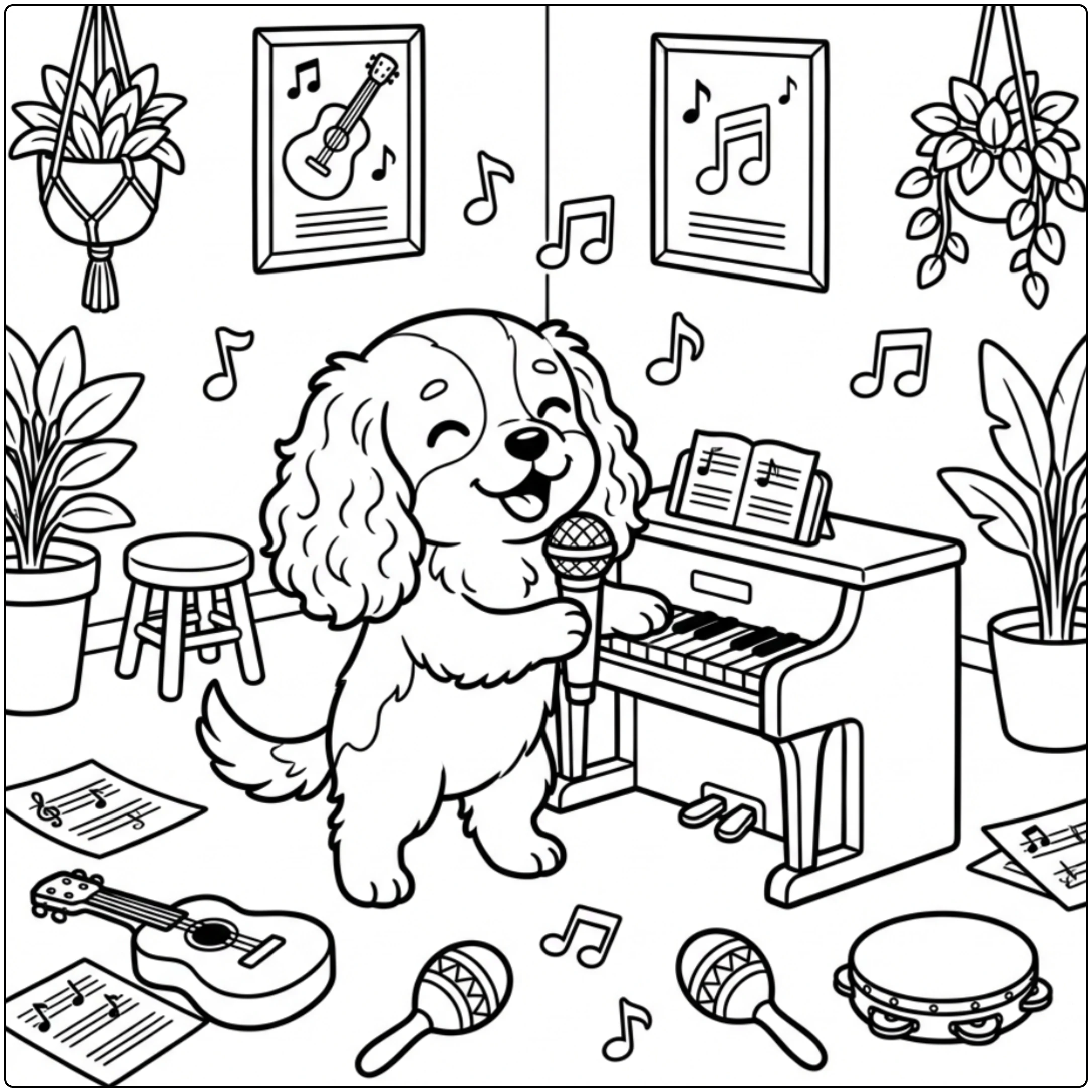 Musical Cavalier King Charles Spaniel coloring page for kids