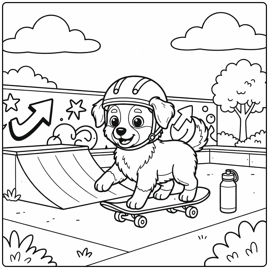 An Aussie puppy on a skateboard for a cute dog coloring page.
