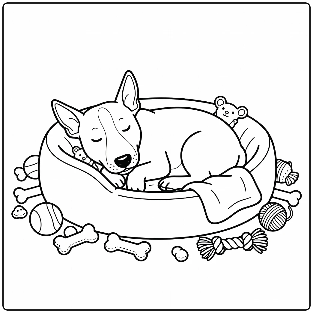 Cozy Bull Terrier coloring page with dog sleeping in a bed.