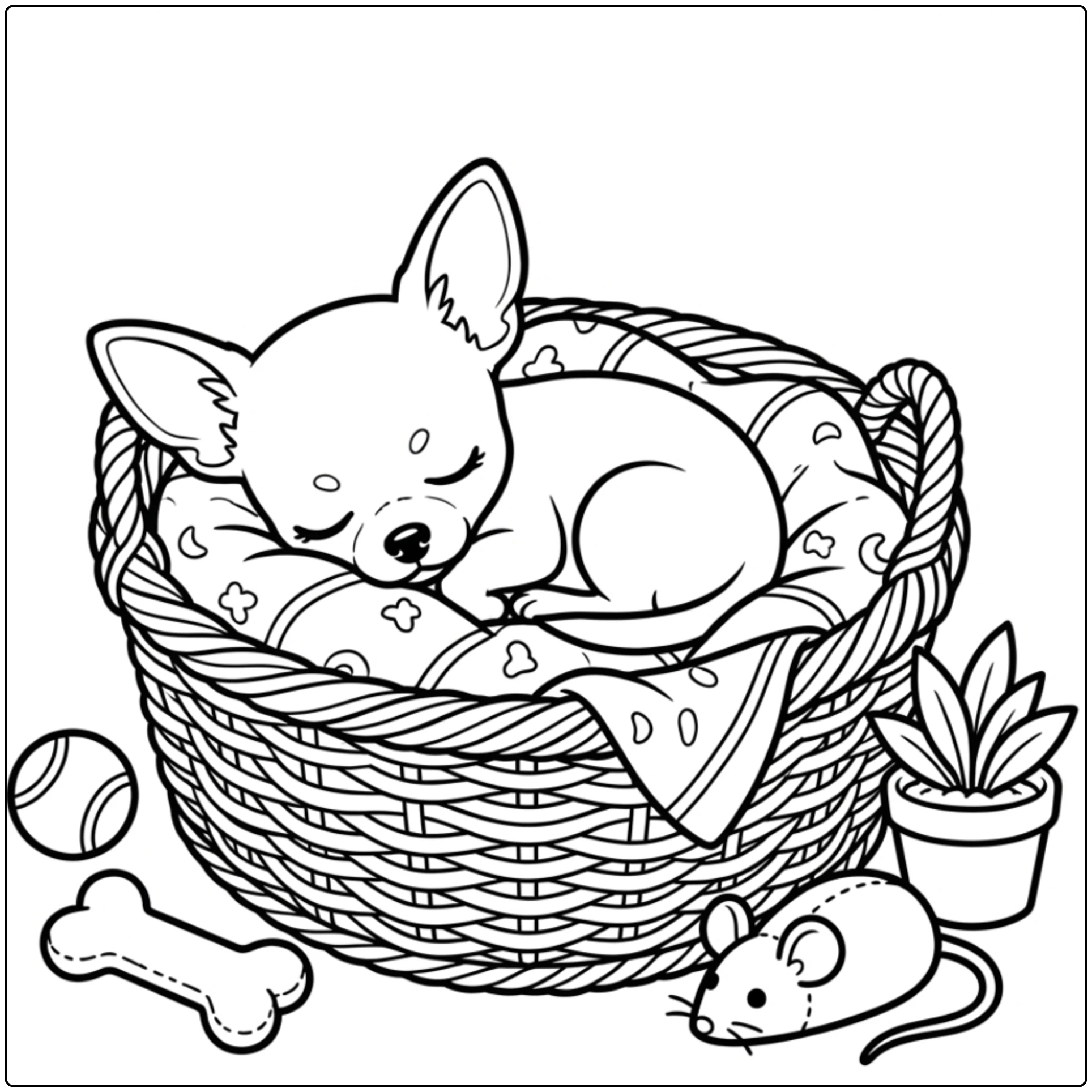 Cute sleeping puppy Chihuahua coloring page printable.