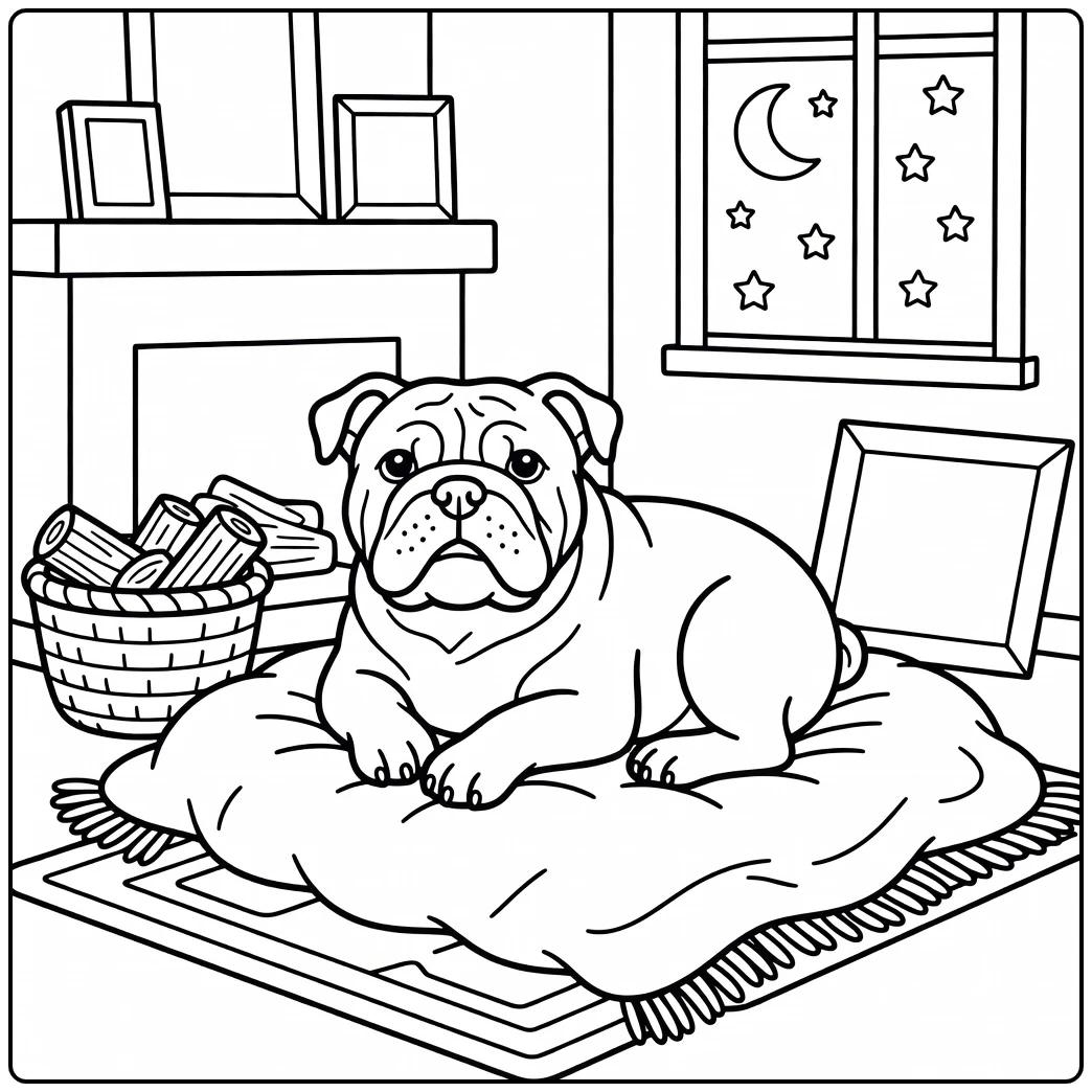 A cozy english bulldog coloring page with a dog by a fire.