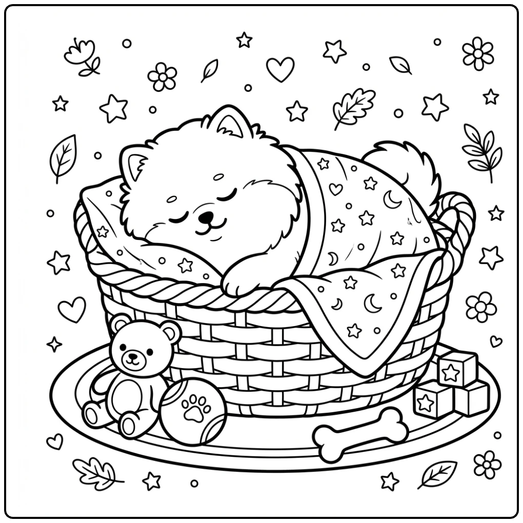 Cute Pomeranian Puppy coloring page sleeping in a basket.