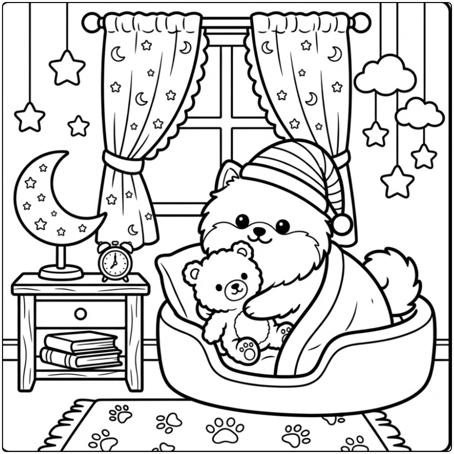 Cute bedtime Pomeranian coloring page with a sleeping cap.