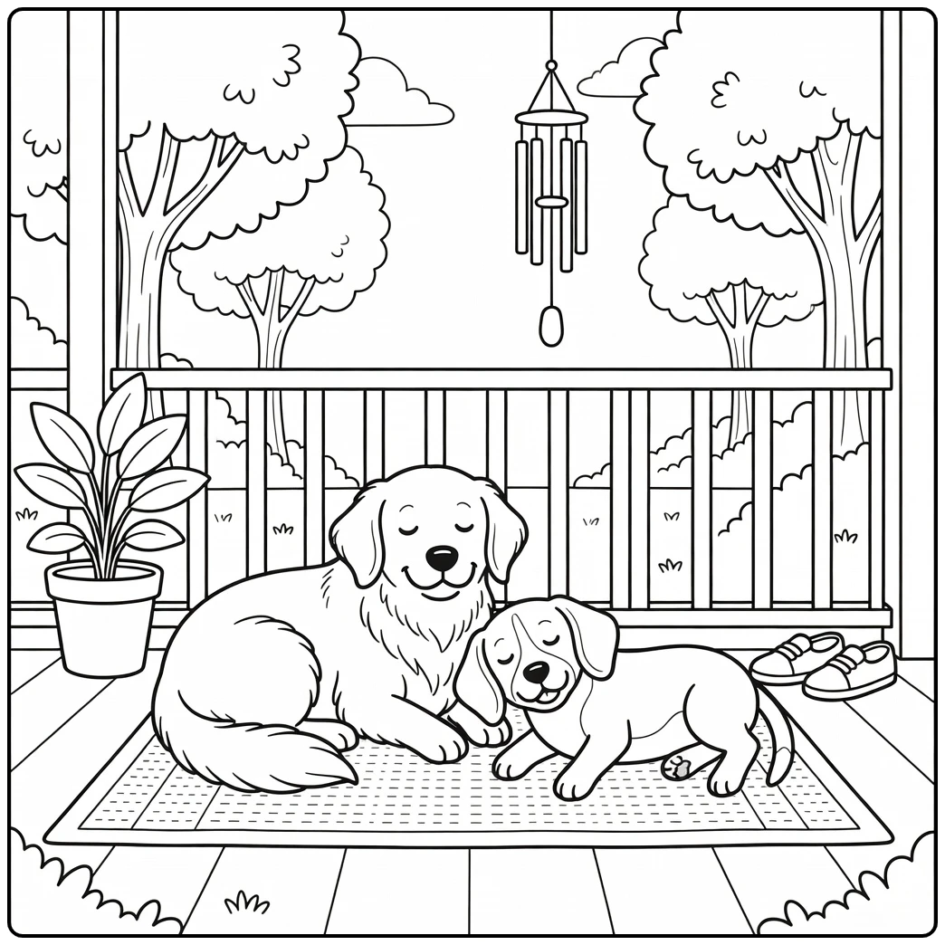 Two cute dogs napping on a porch, an easy dog coloring page.