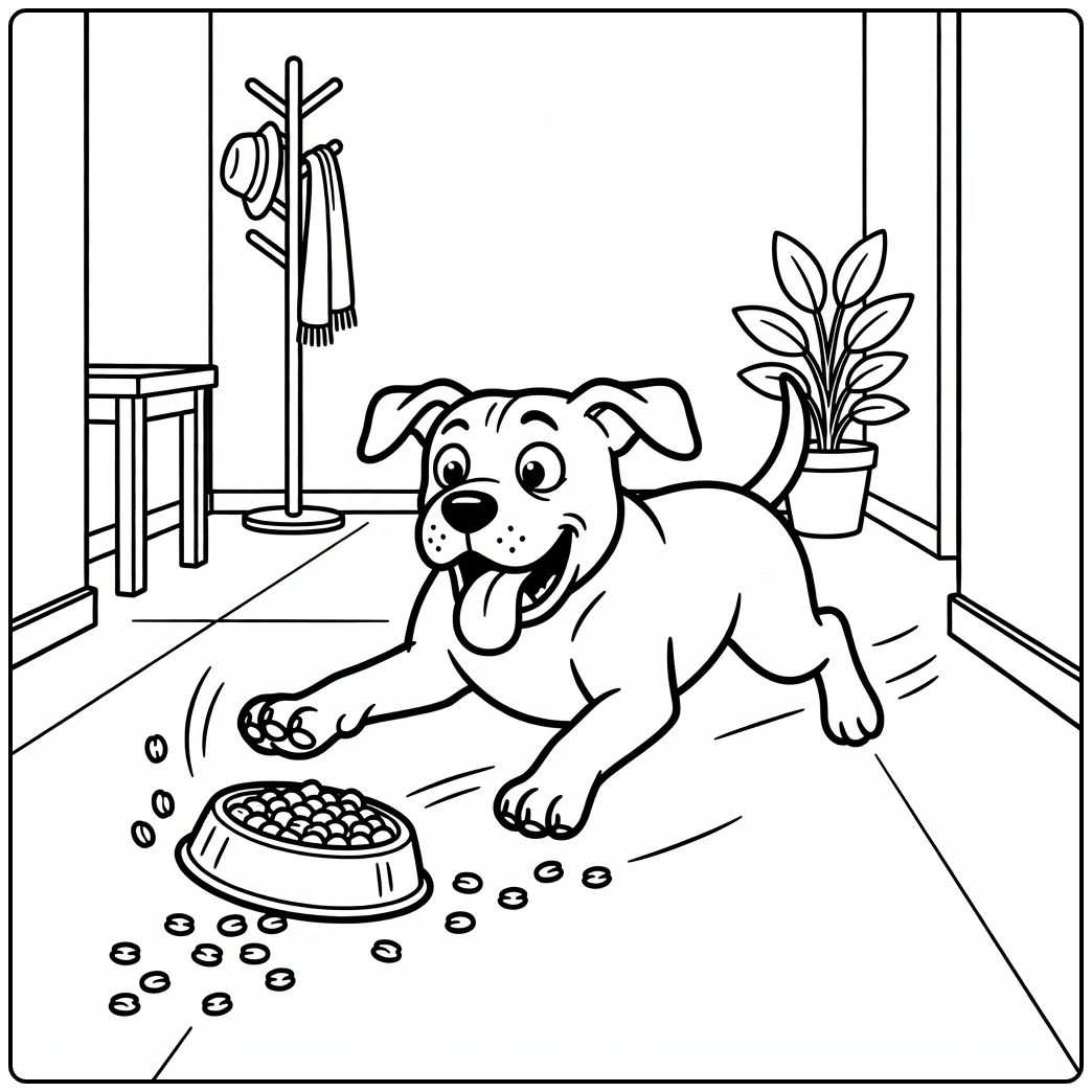 A clumsy dog on a funny mastiff coloring page chasing food.