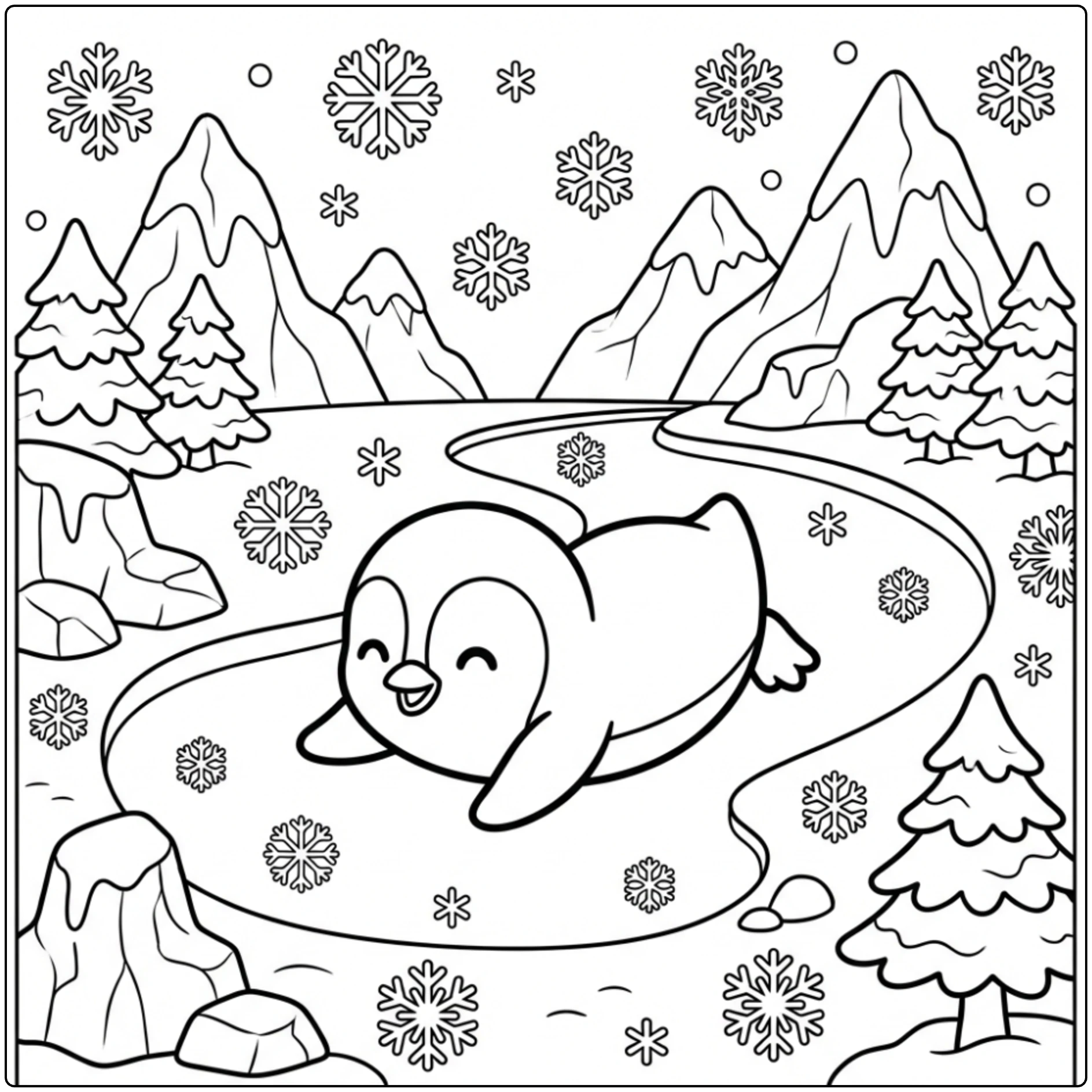 Cute penguin sliding on ice, a delightful Winter Animal Coloring Page