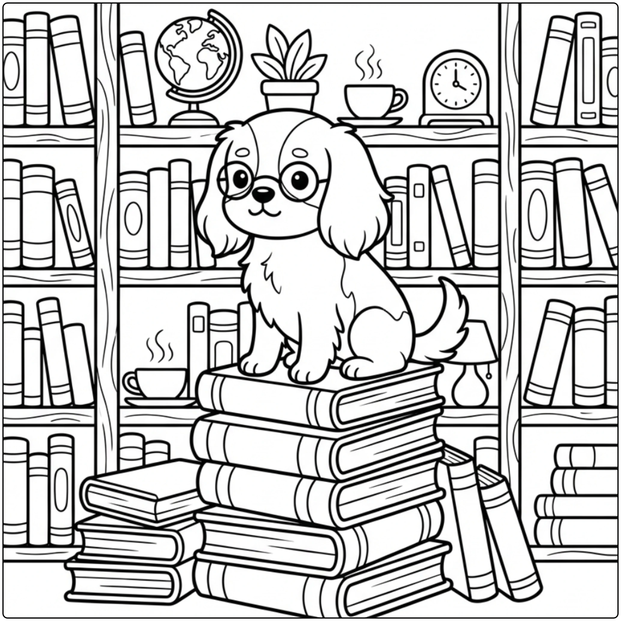 Studious Cavalier King Charles Spaniel coloring page on books