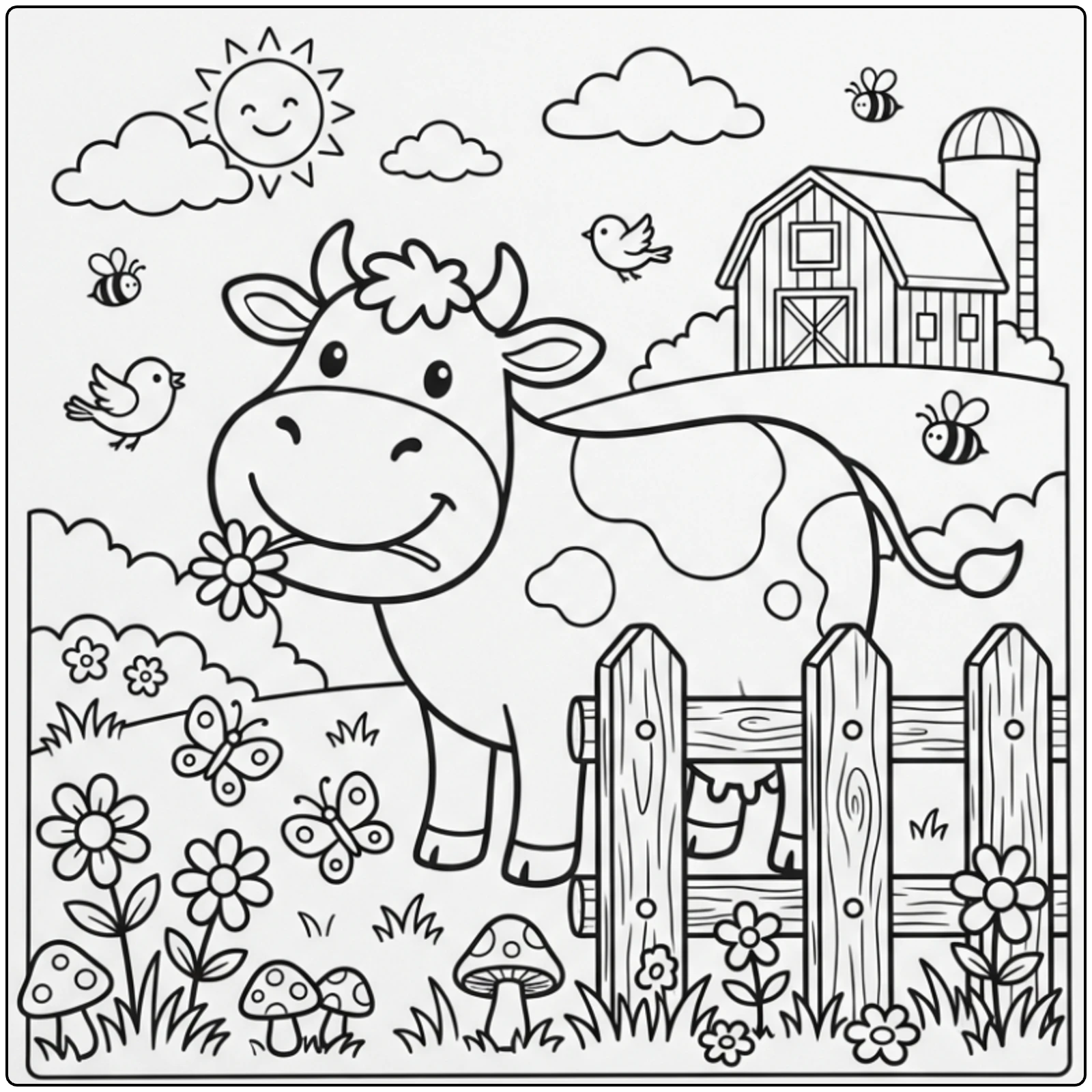 Cute Cow coloring page with flowers and a wooden fence.