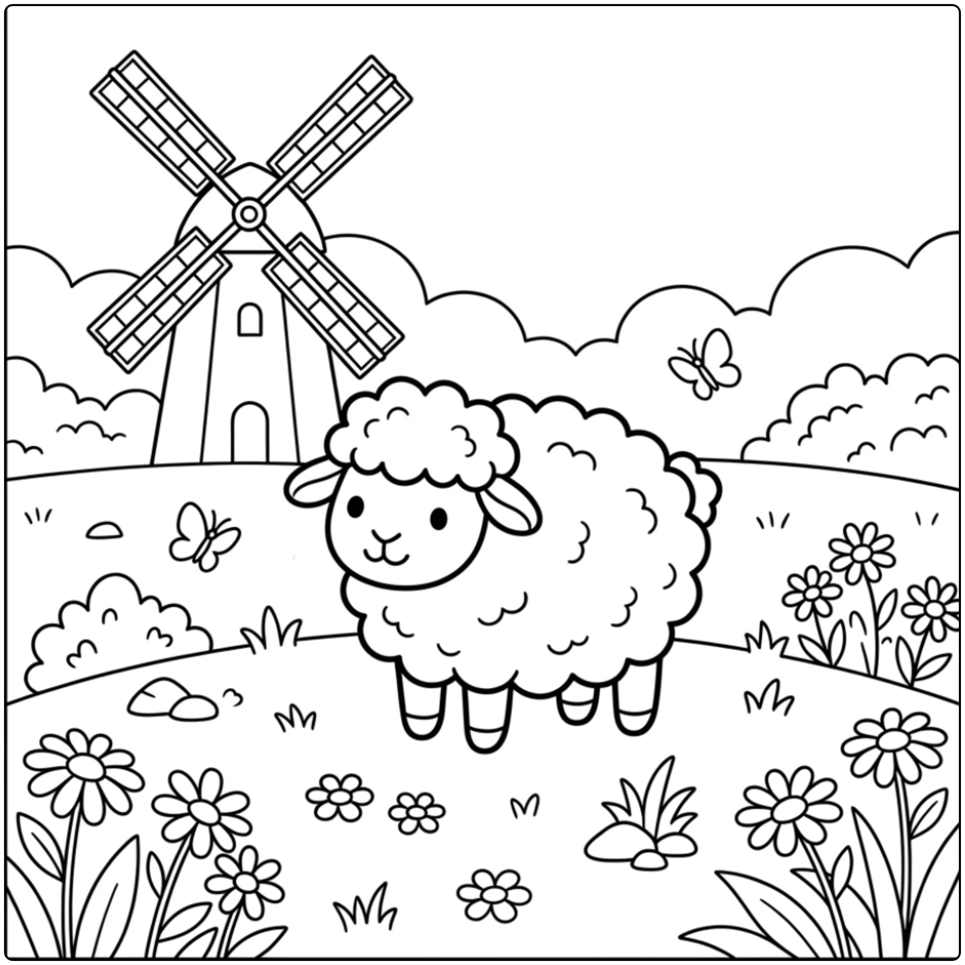 Sweet sheep on a grassy hill, a lovely Farm Animal coloring page.