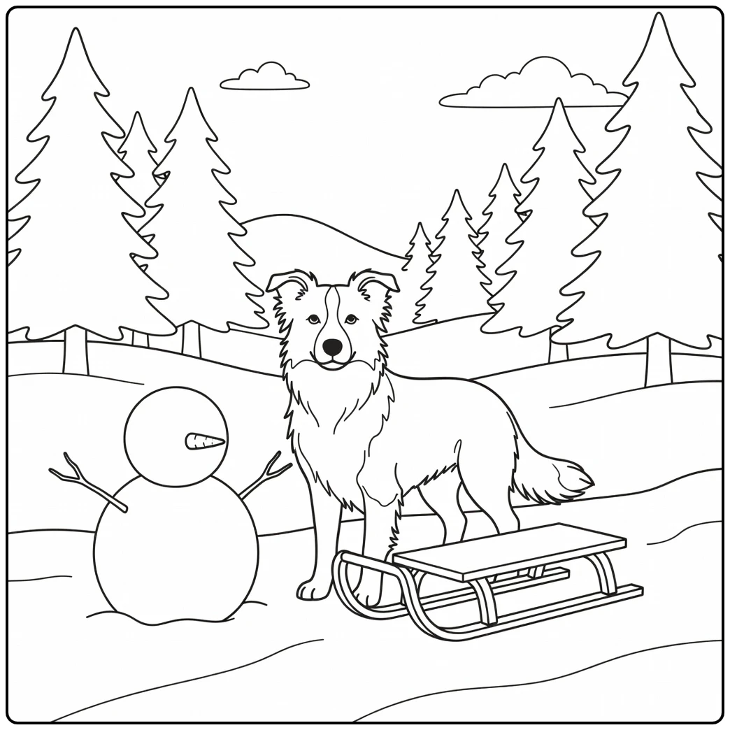 Delightful border collie coloring page in snow with snowman and sled.