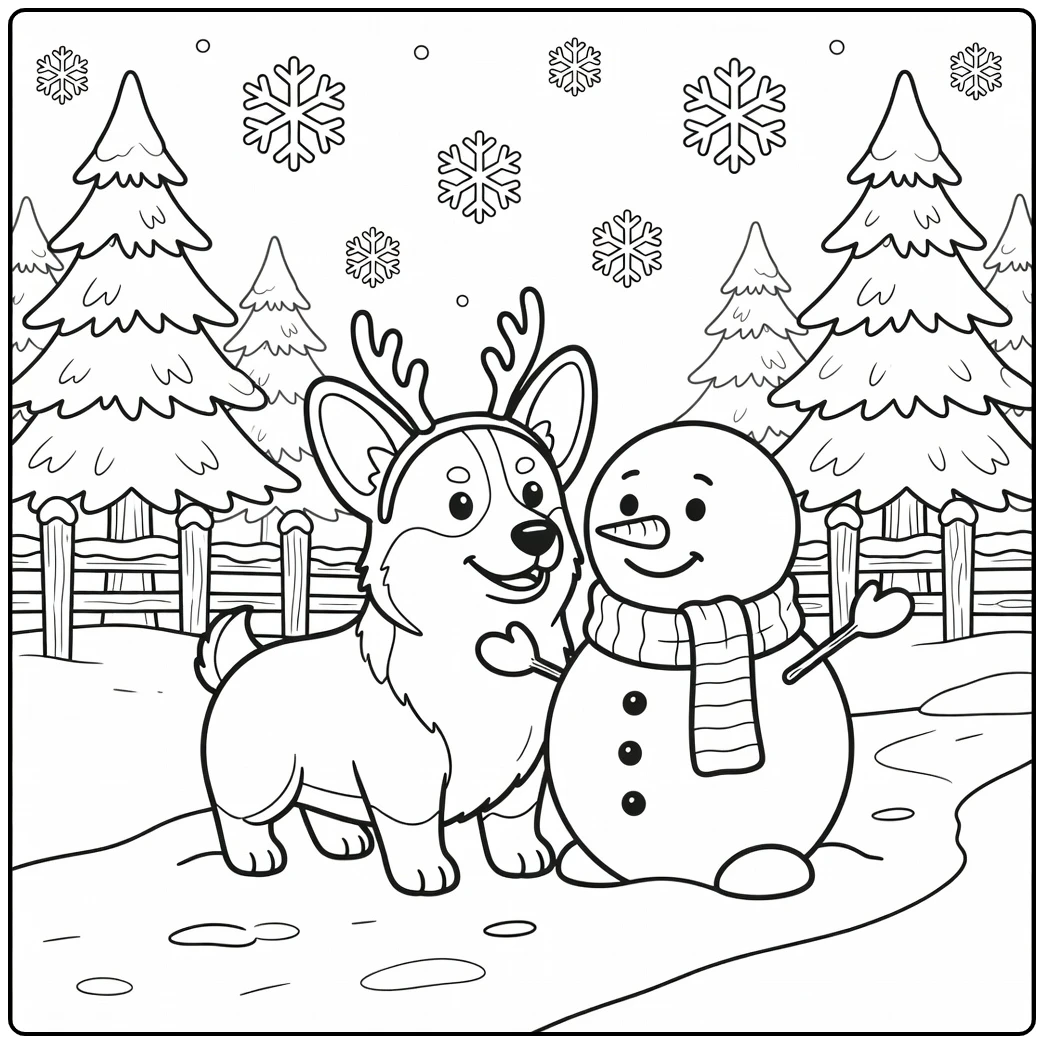 A festive Corgi with antlers meets a snowman, cute christmas dog coloring page.
