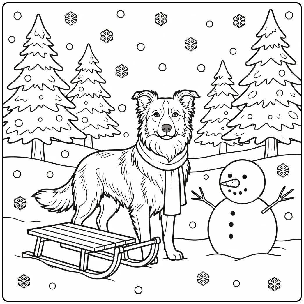 Cute border collie coloring page on a snowy winter adventure