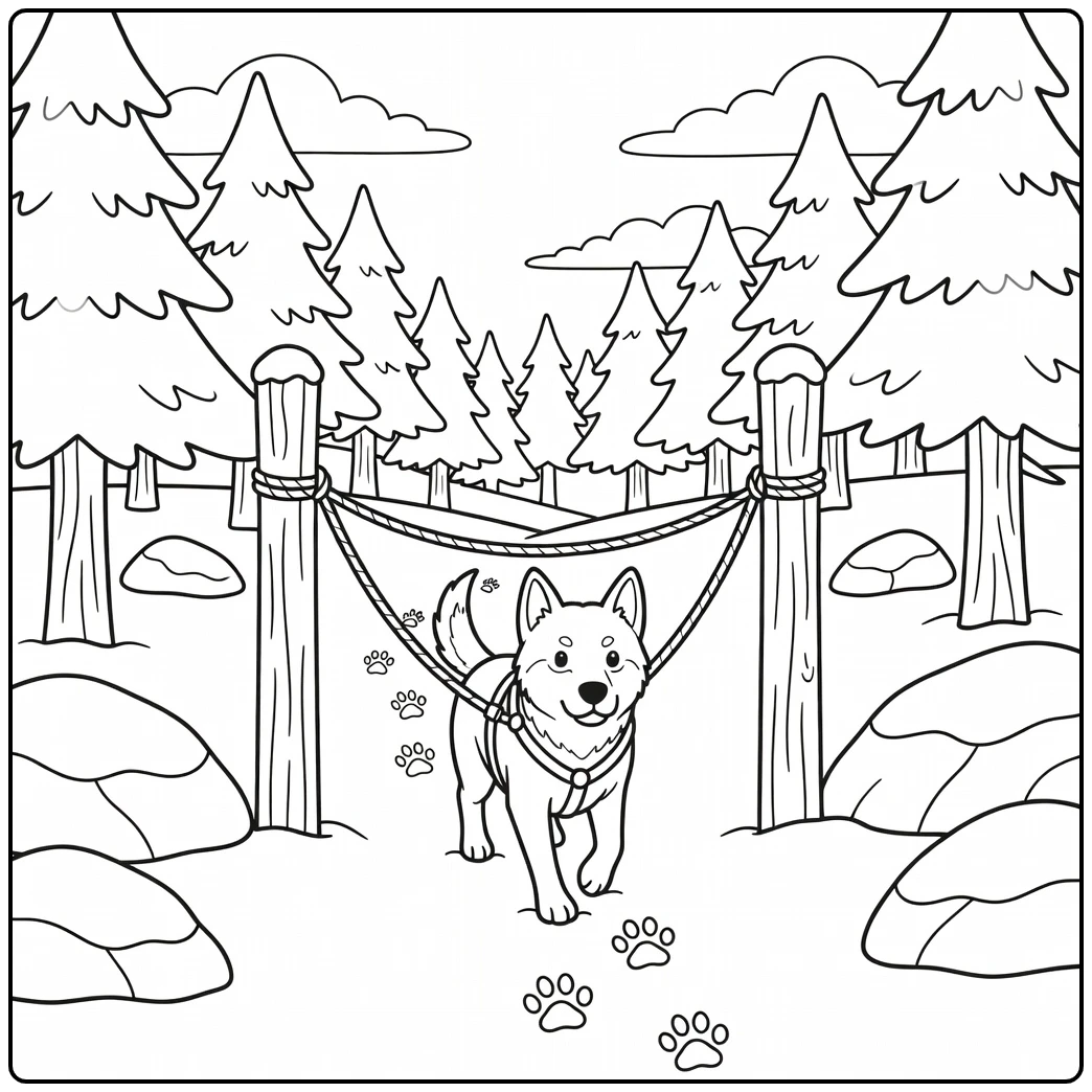 A cute husky on a fun sled dog coloring page for kids.