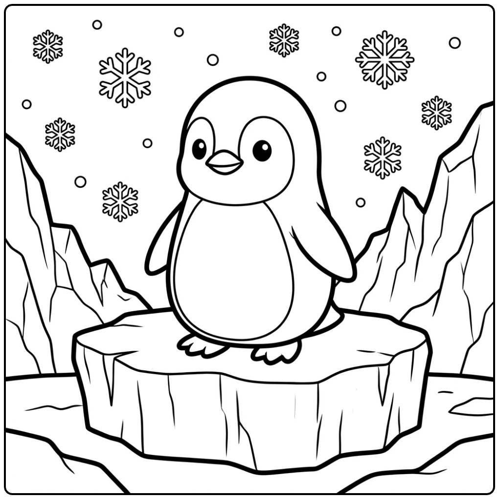 Cute penguin on ice winter scene Animal coloring page