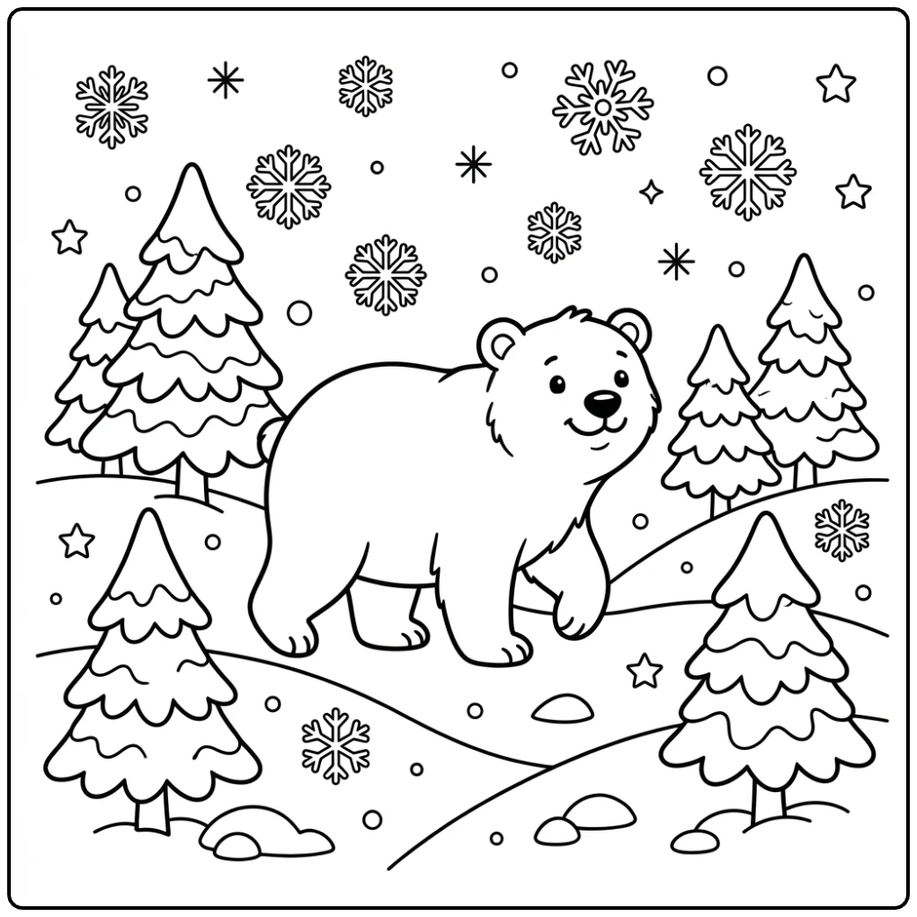 Cute polar bear walks snowy hills, ideal Winter Animal Coloring Page