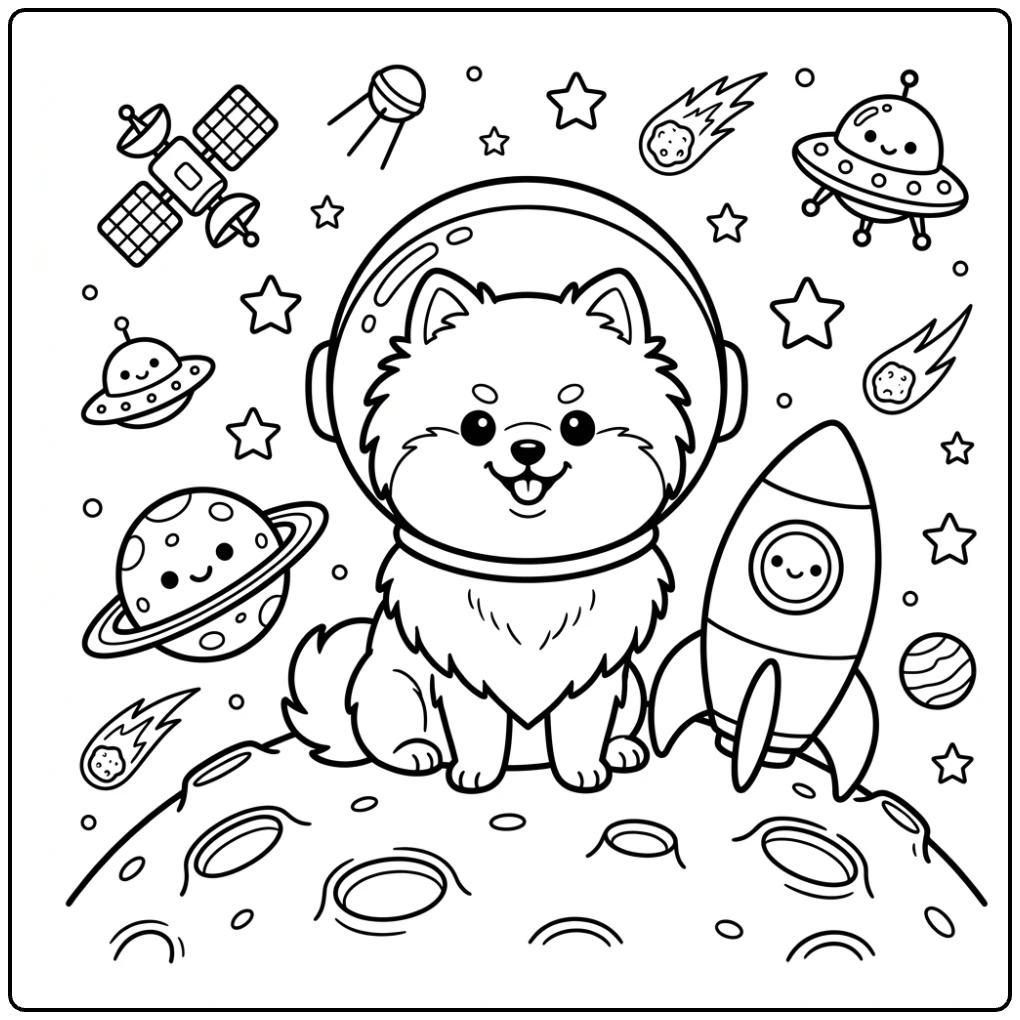 Cute astronaut puppy Pomeranian coloring page with rocket
