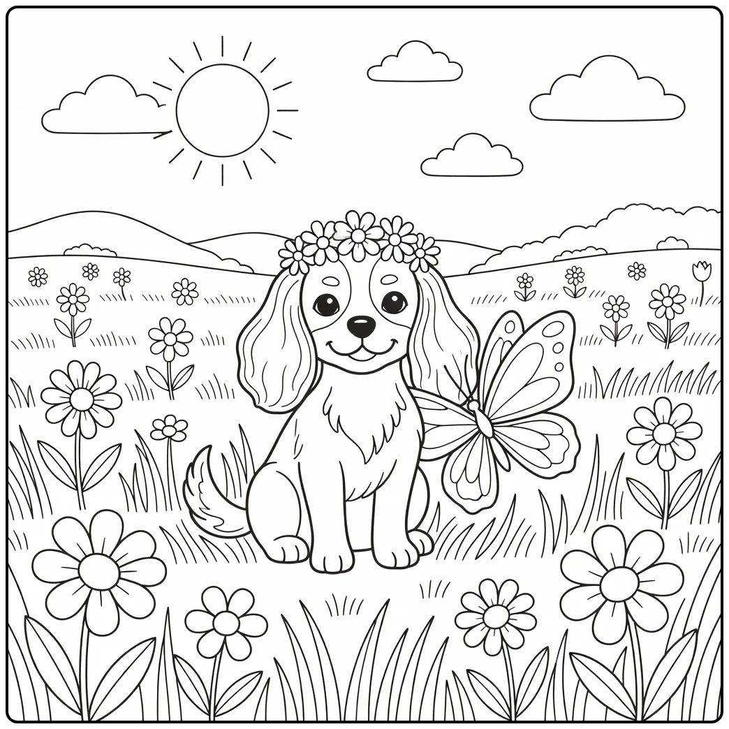 A royal Cavalier cute dog coloring page with a daisy crown.