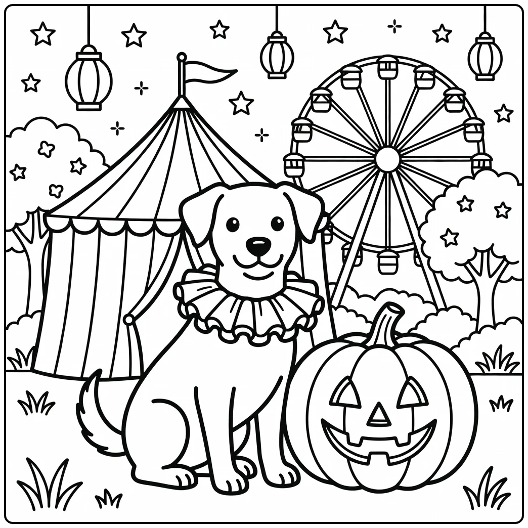 Festive halloween dog coloring page at a spooky carnival booth scene.