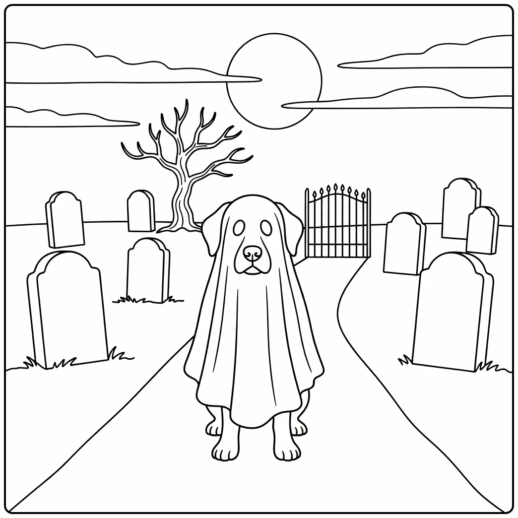 Ghost dog in cemetery, a fun halloween dog coloring page.