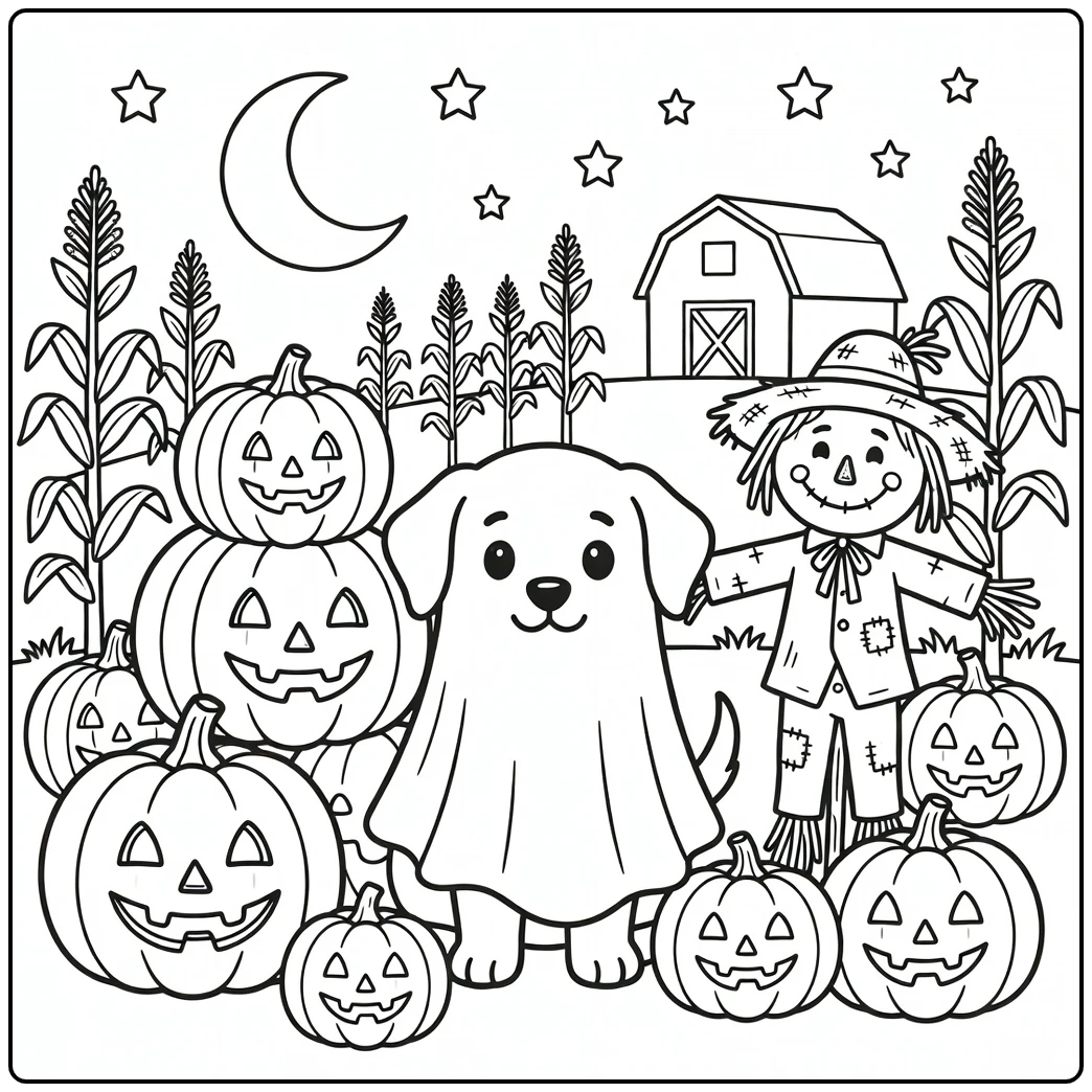 Ghost puppy behind pumpkins, a cute halloween dog coloring page