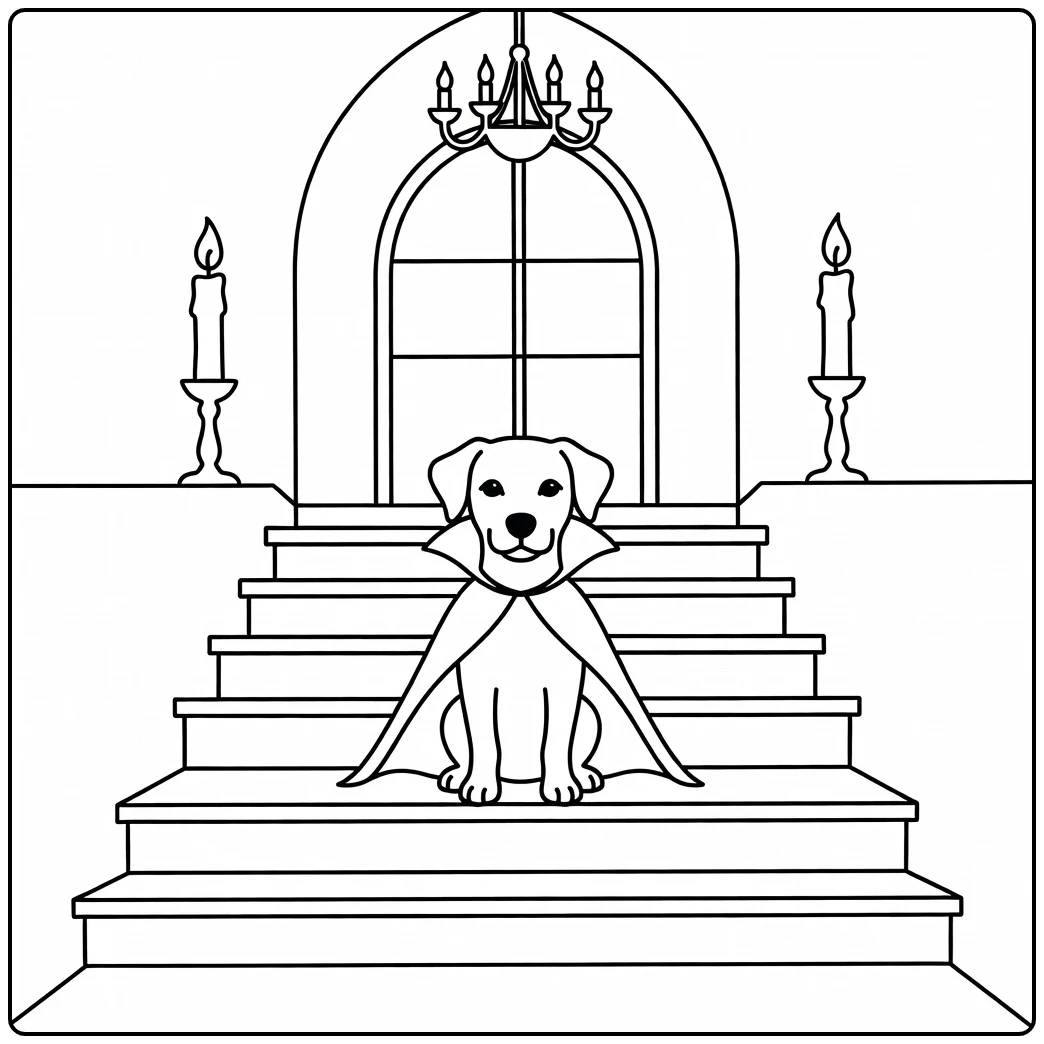 Vampire halloween dog coloring page on a grand haunted staircase.