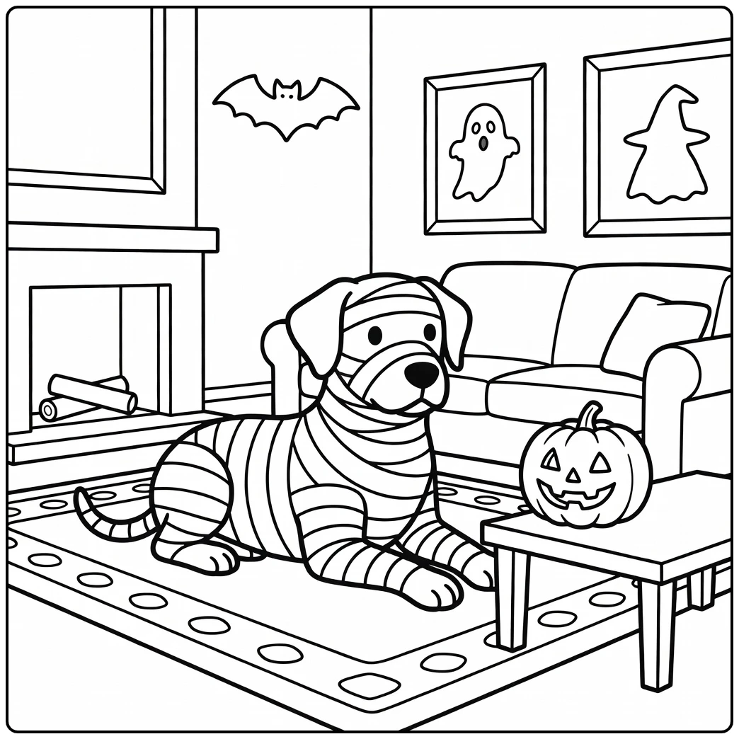 Cute Halloween dog coloring page, mummy pup by a carved pumpkin.