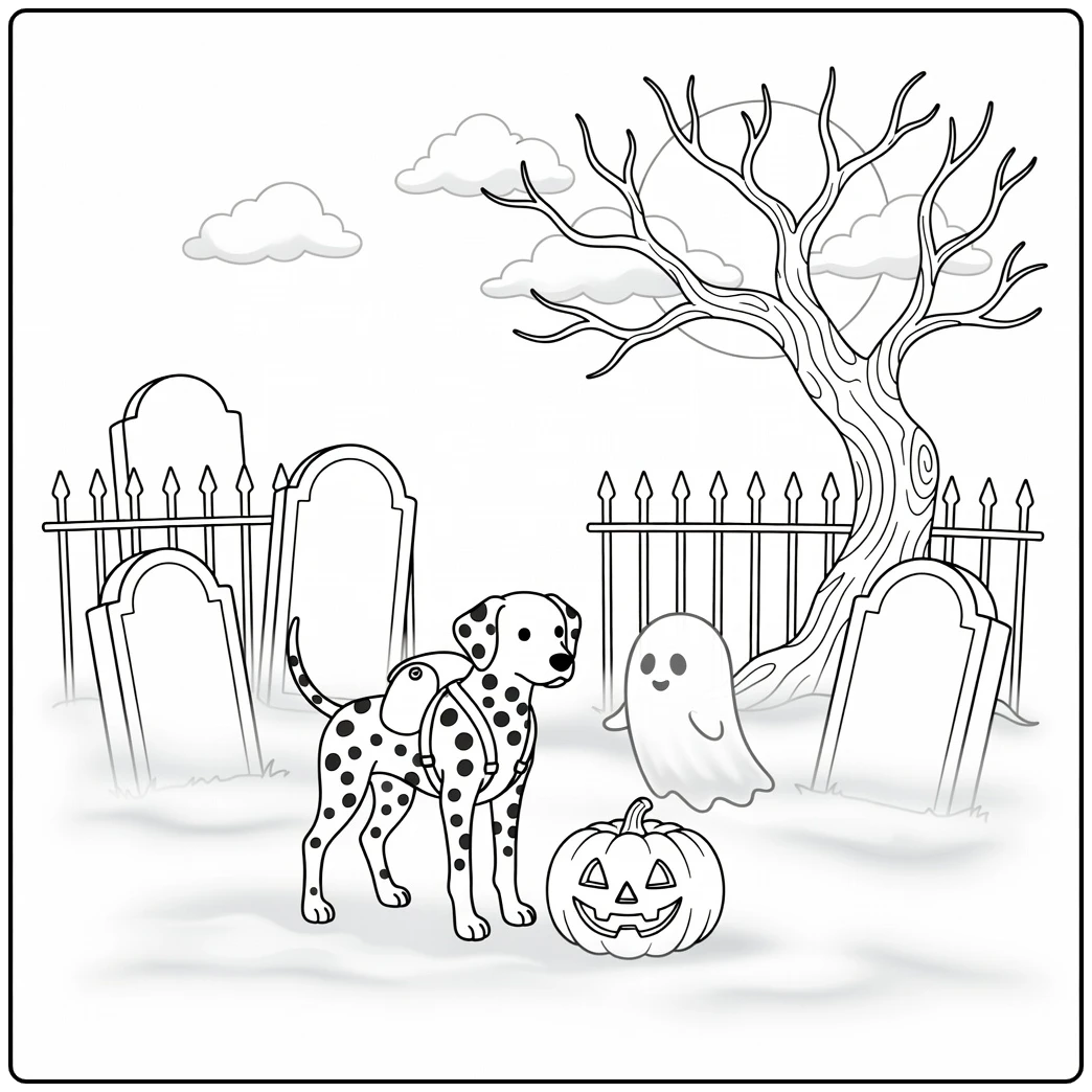 Ghost hunter halloween dog coloring page in a misty graveyard.