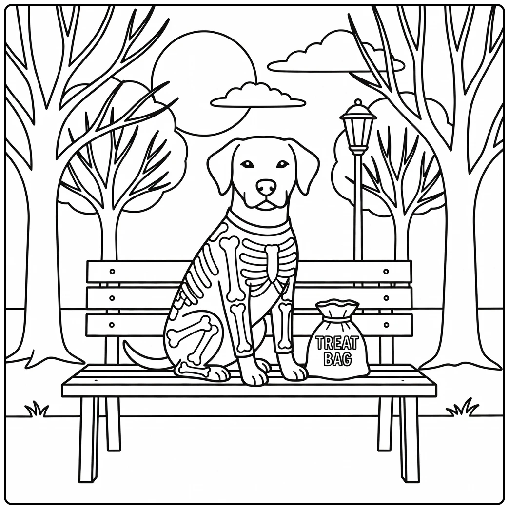 Skeleton dog on bench with treat bag: halloween dog coloring page
