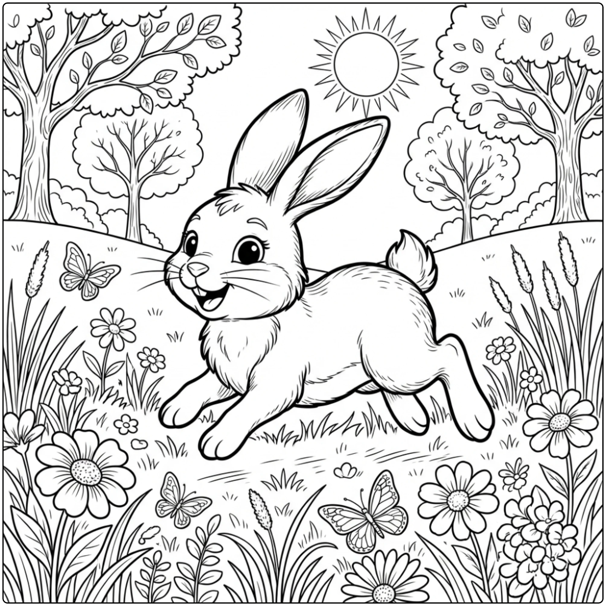 Cute rabbit hopping in meadow Animal coloring page.
