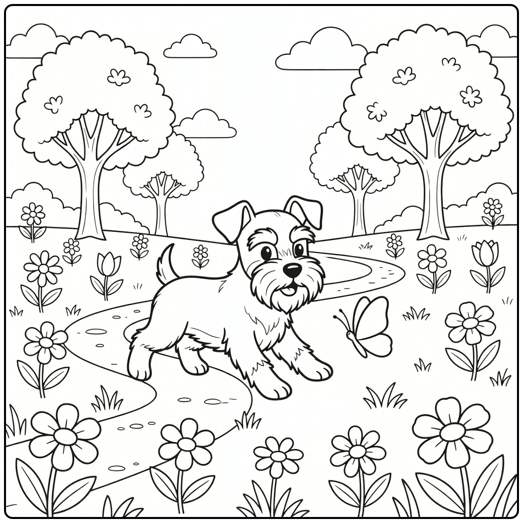 Adorable mini schnauzer coloring page chasing a butterfly in a meadow.