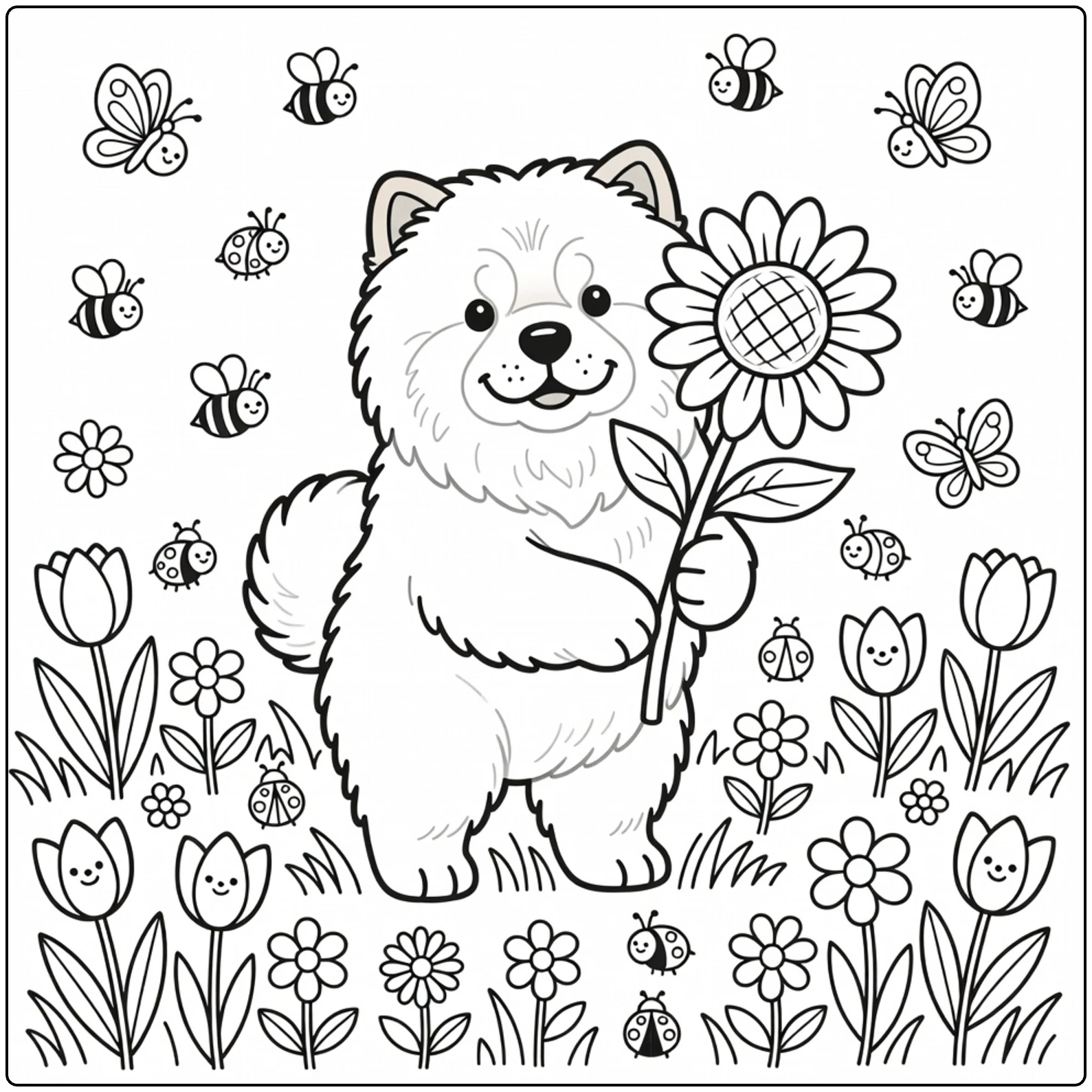 Cute Chow Chow coloring page with flowers and butterflies.
