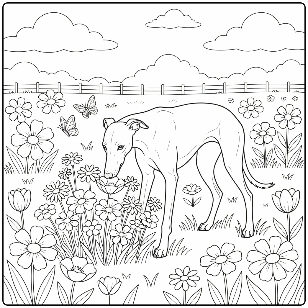 Charming greyhound coloring page sniffing wildflowers in meadow