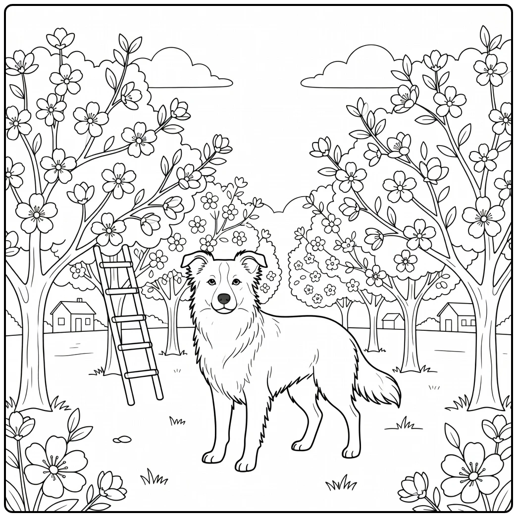 Happy border collie coloring page in a spring orchard with blossoms