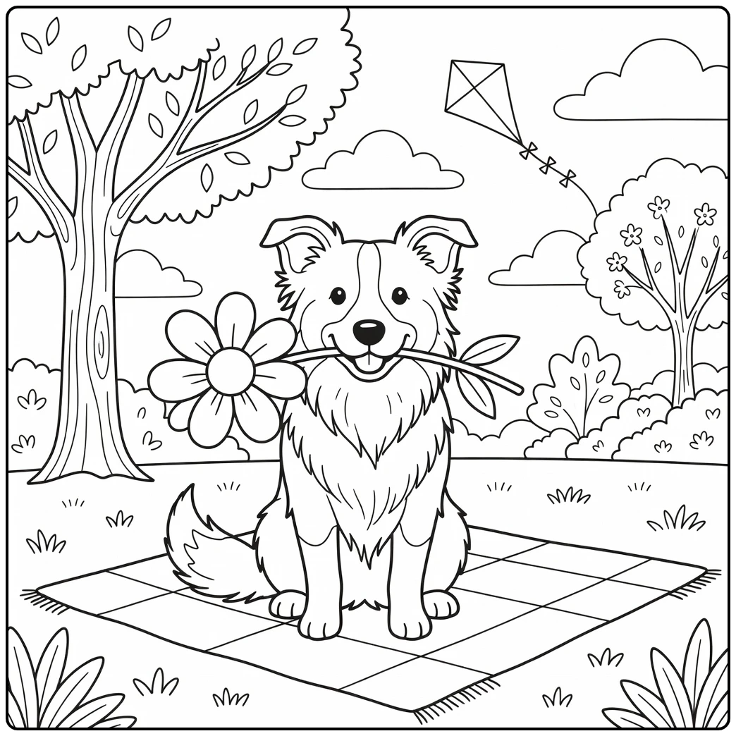 Cheerful cute border collie coloring page with flower in a park.