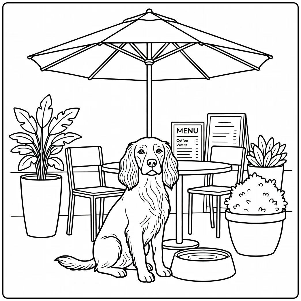 A happy springer spaniel coloring page relaxing at an outdoor cafe.