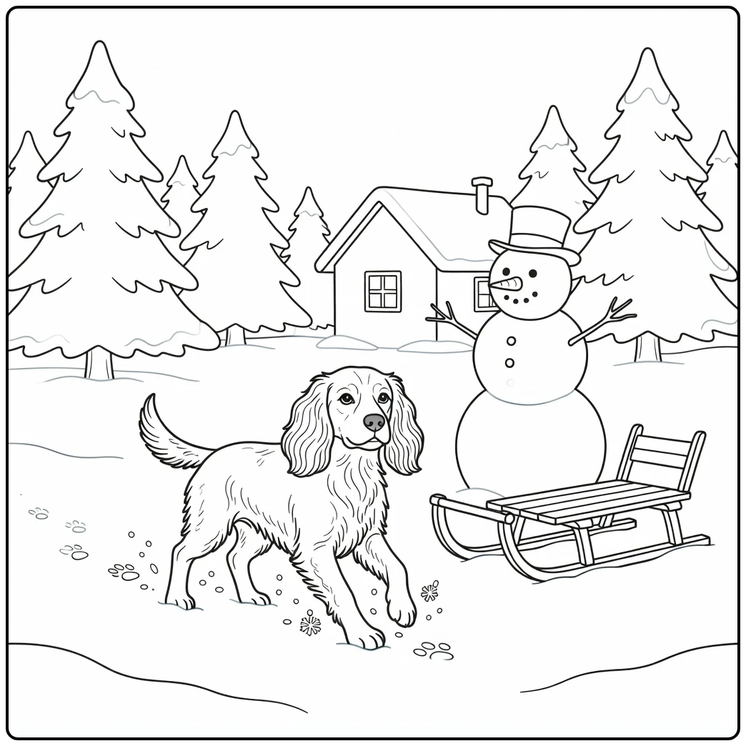 Springer spaniel coloring page in a snowy winter yard scene.