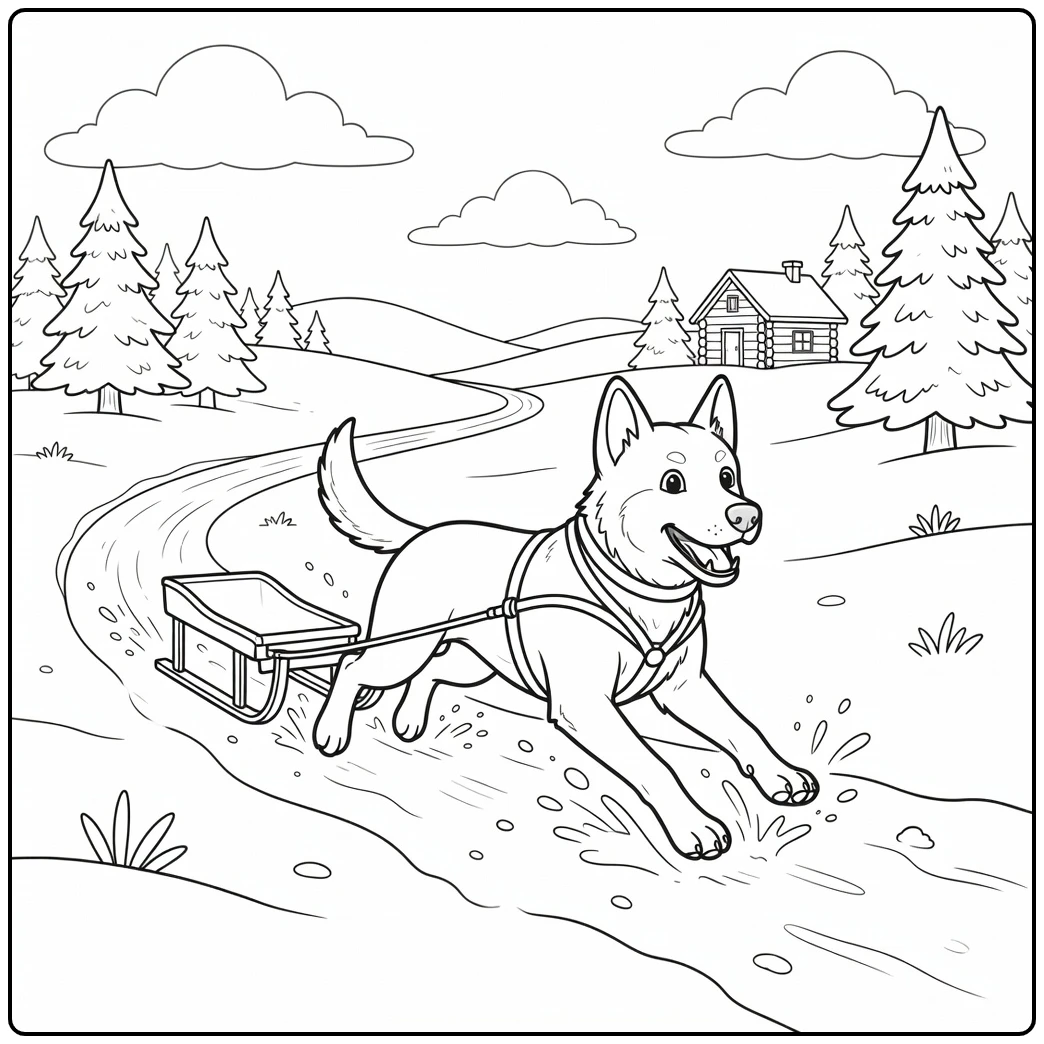 A cute husky on a sled dog coloring page, running in the snow.