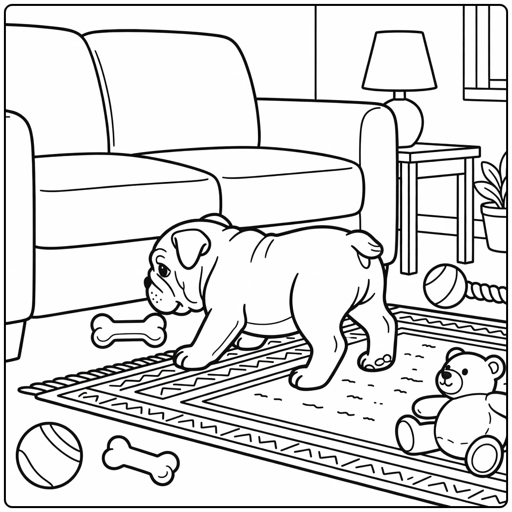 A funny english bulldog coloring page of a puppy stuck under a sofa.