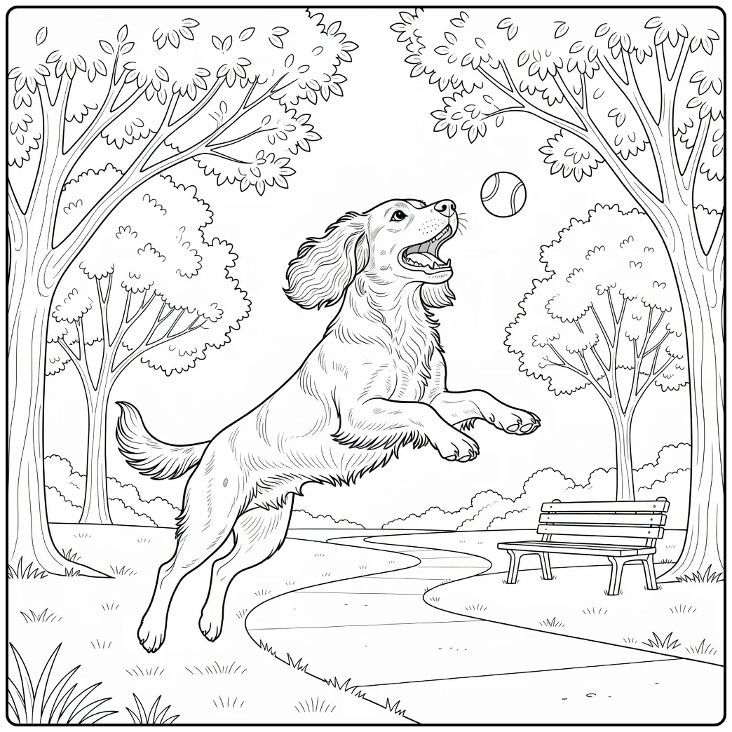 Energetic brittany spaniel coloring page leaping for a ball